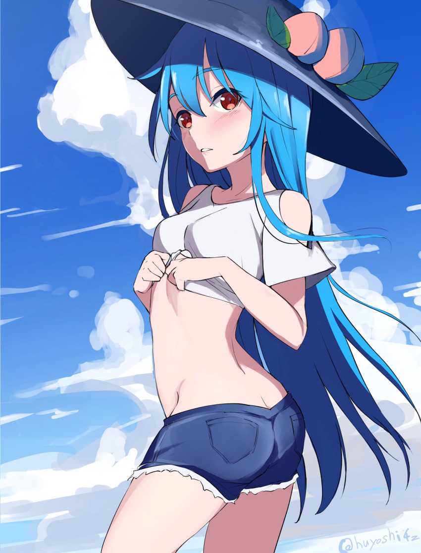 1girl artist_name ass bangs black_headwear blue_hair blue_shorts blush breasts butt_crack clothing_cutout clouds cloudy_sky commentary_request contrapposto cowboy_shot crop_top day denim denim_shorts expressionless eyebrows_visible_through_hair food fruit groin hair_between_eyes hat highres hinanawi_tenshi long_hair looking_at_viewer midriff outdoors parted_lips peach pocket red_eyes shirt short_sleeves shorts shoulder_cutout sky small_breasts solo torn_clothes touhou twisted_torso very_long_hair white_shirt yoshinatsu