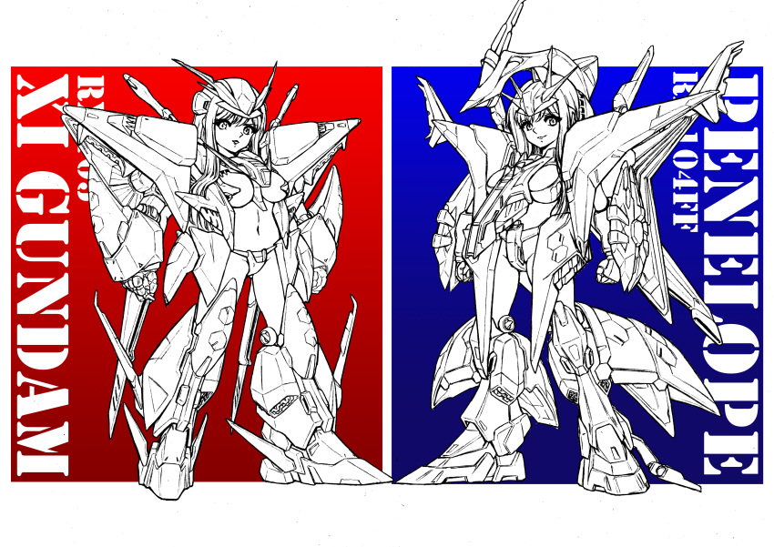 2girls absurdres armor atsushi-jima_(yatterseven) bangs blue_background breasts character_name commentary_request english_text full_body greyscale gundam gundam_hathaway's_flash highres long_hair looking_at_viewer mecha_musume medium_breasts midriff monochrome multiple_girls navel penelope_(hathaway's_flash) red_background sidelocks smile standing v-fin xi_gundam