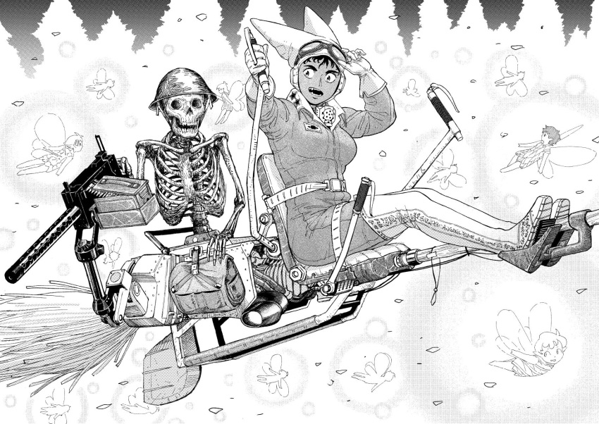 1girl bag boots broom broom_riding dark-skinned_female dark_skin earmuffs fairy from_side gloves goggles goggles_on_headwear greyscale gun hands_up hat helmet highres jumpsuit machine_gun making-of_available monochrome open_mouth original skeleton solo_focus thigh-highs thigh_boots weapon witch y_naf