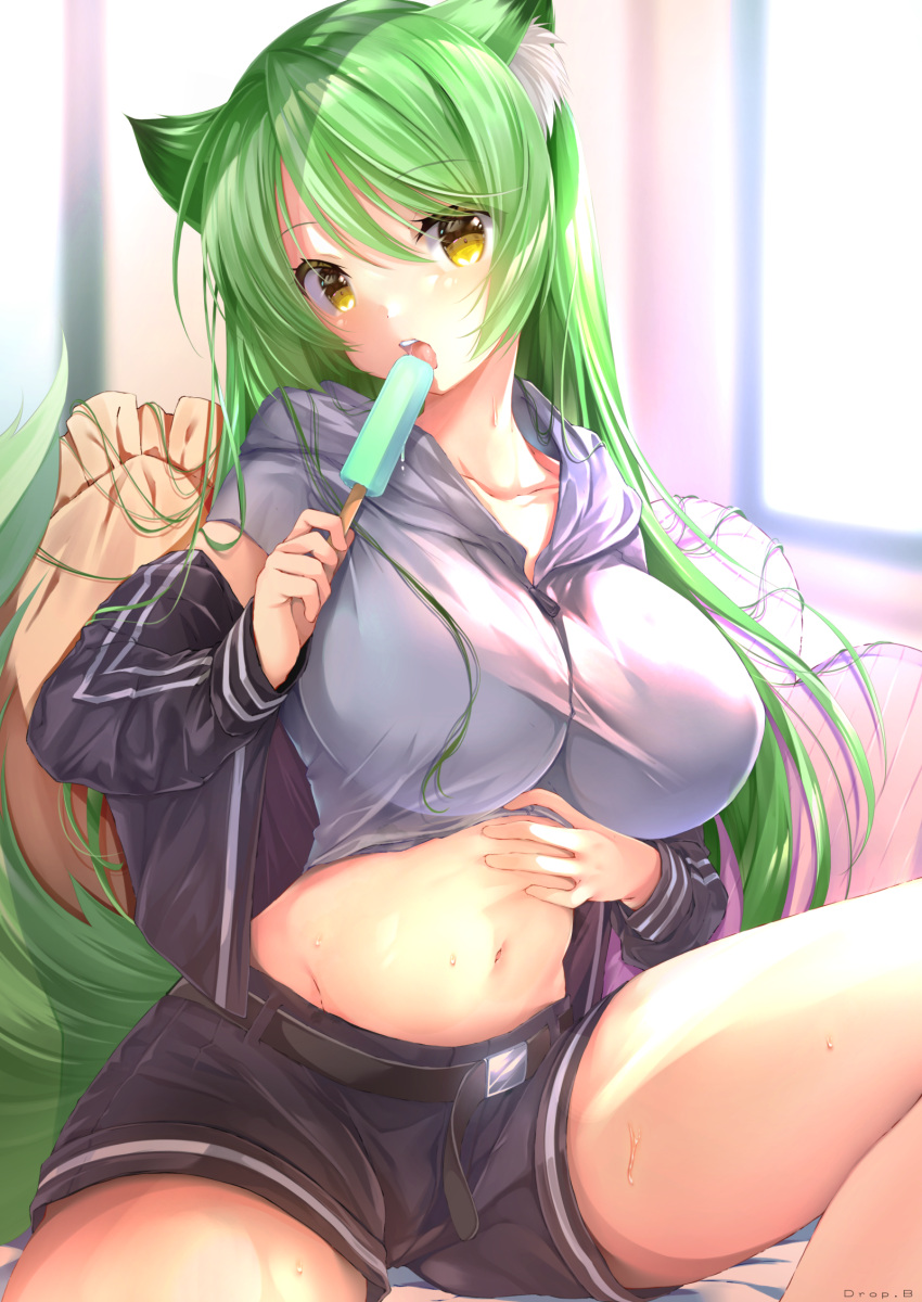1girl animal_ears artist_name bangs belt black_belt black_jacket black_shorts blurry blurry_background breasts clothes_lift collarbone commentary_request commission cowboy_shot day dropb eyebrows_visible_through_hair food fox_ears fox_girl fox_tail green_hair grey_shirt groin hair_between_eyes highres holding holding_food hood hood_down hooded_shirt indoors jacket large_breasts licking long_hair looking_at_viewer midriff navel off_shoulder on_bed open_mouth original pillow popsicle shirt shirt_lift short_shorts shorts sidelocks sitting sitting_on_bed skeb_commission solo tail upper_teeth window yellow_eyes