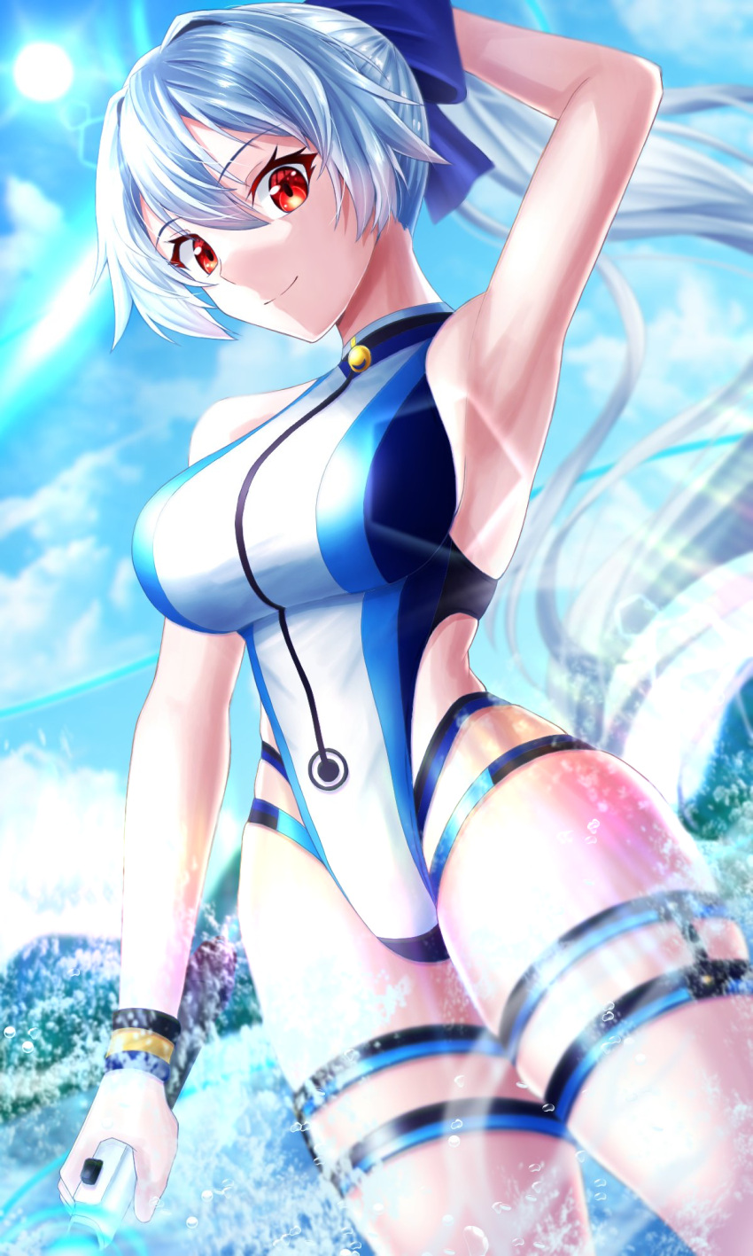 1girl arm_behind_head arm_up armpits bangs bare_shoulders blue_bow blue_sky blue_swimsuit bow breasts fate/grand_order fate_(series) hair_between_eyes hair_bow highleg highleg_swimsuit highres ilsa34660285 large_breasts long_hair looking_at_viewer one-piece_swimsuit ponytail red_eyes silver_hair sky smile solo swimsuit thigh_strap thighs tomoe_gozen_(fate) tomoe_gozen_(swimsuit_saber)_(fate) two-tone_swimsuit wading water white_swimsuit