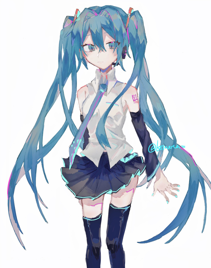 1girl absurdres bangs black_skirt black_sleeves blue_eyes blue_hair blue_legwear blue_nails blue_neckwear closed_mouth collared_shirt commentary detached_sleeves feet_out_of_frame hair_between_eyes hatsune_miku highres kineta light_smile long_hair long_sleeves looking_at_viewer necktie pleated_skirt shirt simple_background skirt sleeveless sleeveless_shirt solo tattoo thigh-highs twintails twitter_username very_long_hair vocaloid white_background white_shirt