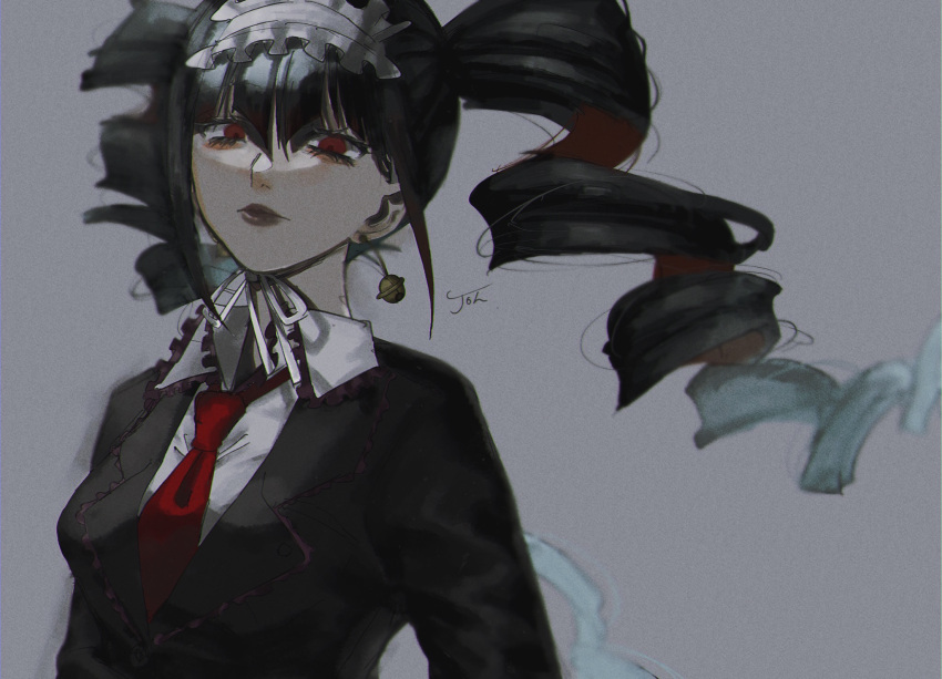 1girl bangs black_hair black_jacket bonnet celestia_ludenberg commentary_request dangan_ronpa:_trigger_happy_havoc dangan_ronpa_(series) drill_hair earrings frills gothic_lolita grey_background grey_shirt hairband highres jacket jewelry joh_pierrot lolita_fashion long_hair long_sleeves looking_at_viewer necktie red_eyes red_neckwear ribbon shirt simple_background smile solo twin_drills twintails upper_body