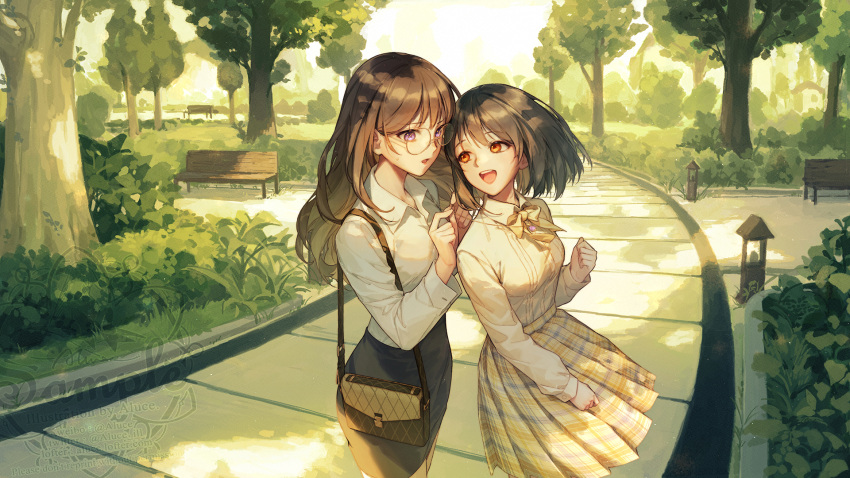 2girls aluce artist_name bag bench black_hair blush brown_hair bush embarrassed glasses grass happy highres jewelry leaf light long_hair looking_at_another multiple_girls necklace_pull necktie open_mouth original park park_bench path sample serious shiny shiny_hair short_hair shoulder_bag signature skirt smile standing sweatdrop tree uniform violet_eyes watermark