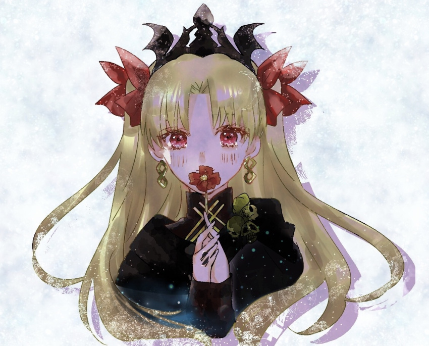 1girl asa_(1asa-0-asa1) bangs black_dress blonde_hair breasts dress earrings ereshkigal_(fate) fate/grand_order fate_(series) flower gold_trim hair_ribbon hoop_earrings jewelry long_hair long_sleeves looking_at_viewer medium_breasts parted_bangs red_eyes ribbon skull solo tiara two_side_up