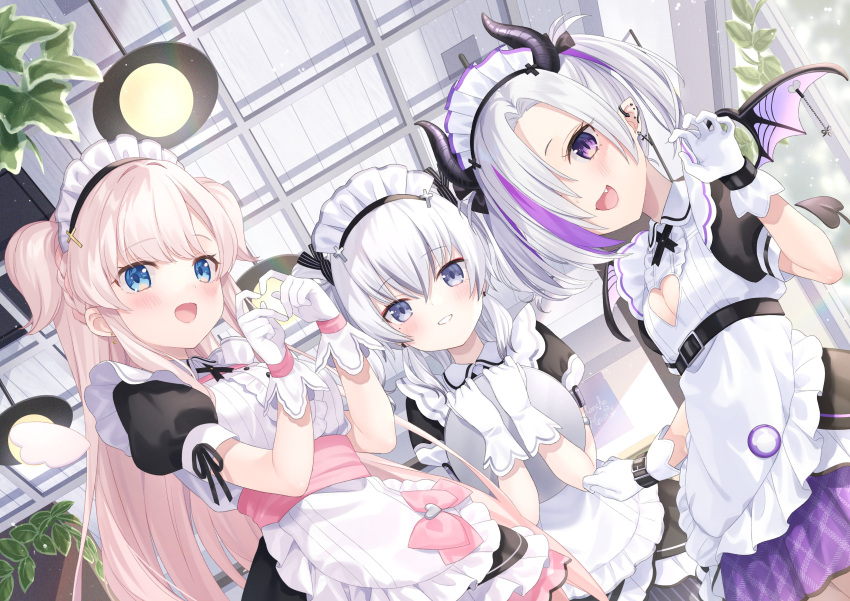 3girls absurdres akumano_chipie amamori_naco apron azuma_seren blanche_fleur blonde_hair blue_eyes demon_girl demon_horns demon_wings dress eyebrows_visible_through_hair highres horns jimmy_madomagi looking_at_viewer maid maid_apron maid_headdress multicolored_hair multiple_girls open_mouth purple_hair silver_hair twintails virtual_youtuber wings