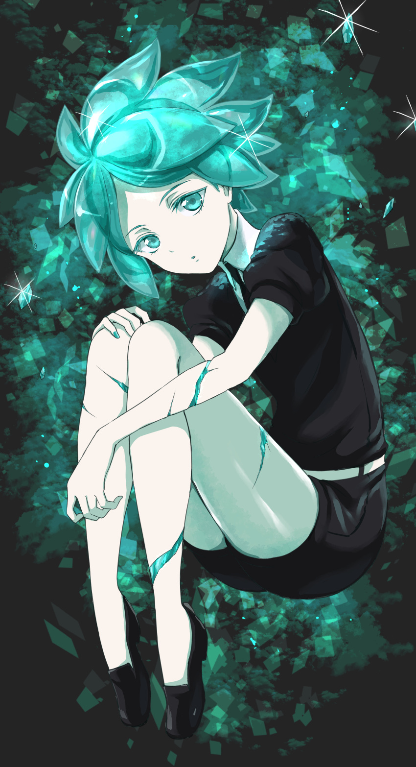 1other absurdres androgynous aqua_eyes aqua_hair bangs belt commentary_request cracked_skin crystal_hair gem_uniform_(houseki_no_kuni) highres houseki_no_kuni looking_at_viewer necktie open_mouth phosphophyllite sharumon short_hair short_sleeves shorts solo sparkle