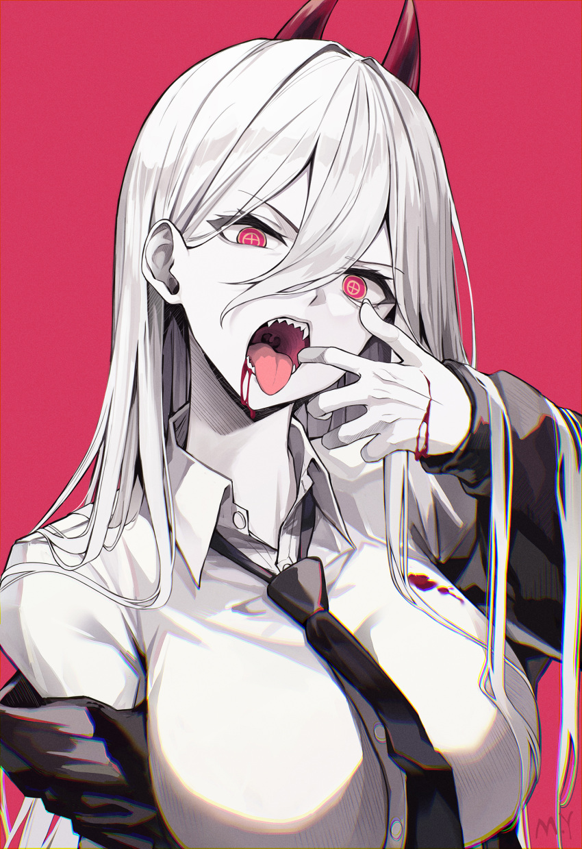 1girl artist_name bangs blood breasts chainsaw_man coat duplicate eyes_visible_through_hair fang fangs greyscale hand_on_own_face highres horns large_breasts long_hair looking_at_viewer monochrome myung_yi necktie open_mouth pink_background pixel-perfect_duplicate power_(chainsaw_man) red_eyes shiny shiny_hair signature solo standing tongue tongue_out uniform