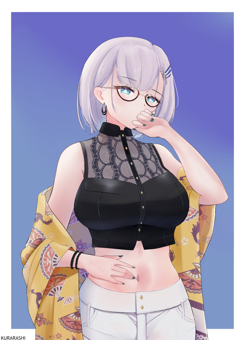 1girl absurdres artist_name bangs bare_shoulders black_nails black_shirt blue_background blue_eyes blush breasts covering_mouth cowboy_shot crop_top earrings english_commentary eyebrows_visible_through_hair glasses grey_hair hair_behind_ear hair_ornament hand_over_own_mouth highres hololive hololive_indonesia jewelry kurarashi large_breasts looking_at_viewer midriff navel pants pavolia_reine shawl shirt short_hair sidelocks sleeveless sleeveless_shirt solo spread_navel standing virtual_youtuber white_pants yellow_shawl