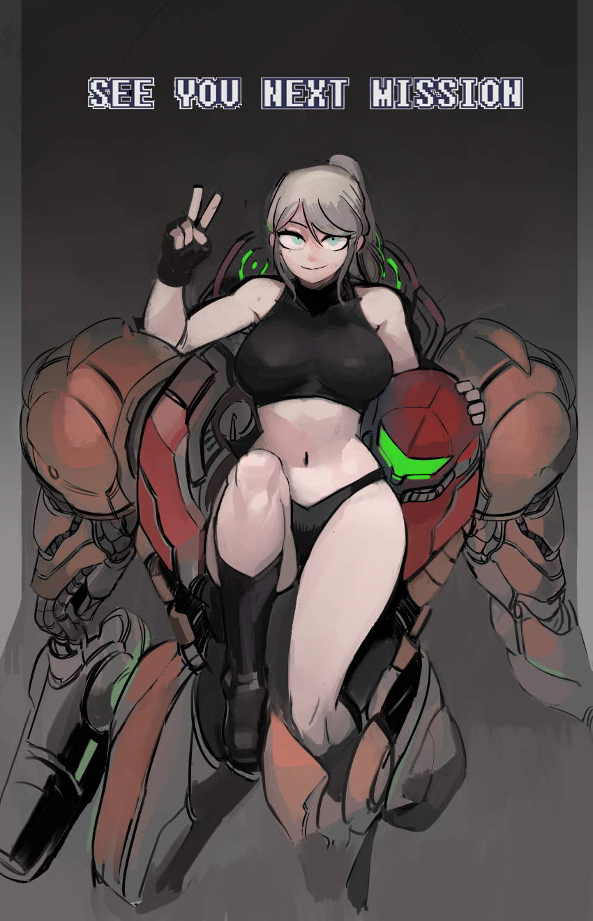 1girl 33dot absurdres black_footwear black_gloves black_panties black_sports_bra blonde_hair blue_eyes boots breasts english_text fingerless_gloves gloves headwear_removed helmet helmet_removed highres huge_filesize large_breasts long_hair looking_at_viewer metroid navel panties pixelated ponytail power_suit samus_aran solo sports_bra super_metroid underwear v varia_suit