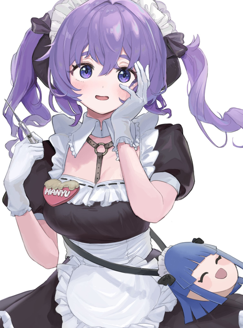 1girl alternate_hairstyle bag bangs black_bow black_dress blush bow character_name closed_eyes detached_collar dress frilled_gloves frills furude_rika gloves hair_bow hand_on_own_cheek hand_on_own_face hanyuu heart highres higurashi_no_naku_koro_ni holding holding_syringe horns looking_at_viewer maid maid_headdress name_tag oici_ne open_mouth puffy_short_sleeves puffy_sleeves purple_hair short_sleeves smile solo standing sweatdrop syringe twintails violet_eyes white_background white_gloves