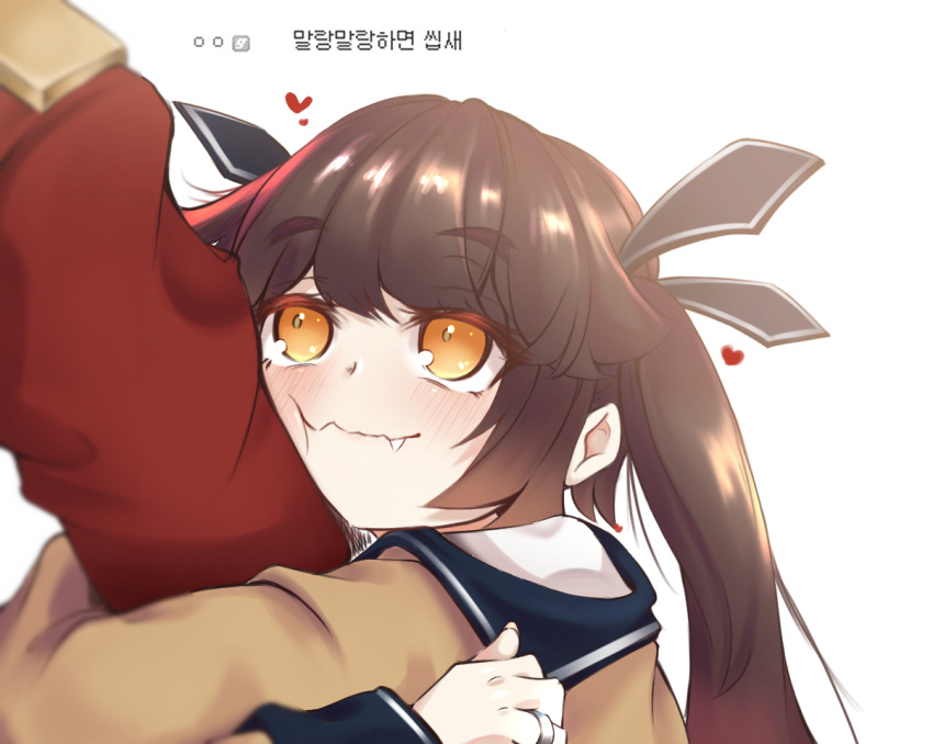 1girl 1other arm_hug black_hair blush cheek_press commander_(girls_frontline) commentary_request eyebrows_visible_through_hair fang gamgyul_mat_keurim girls_frontline hair_ribbon heart jewelry long_hair long_sleeves looking_up m14_(girls_frontline) ribbon ring shiny shiny_hair simple_background smile solo_focus thick_eyebrows translation_request twintails wavy_mouth wedding_band white_background yellow_eyes