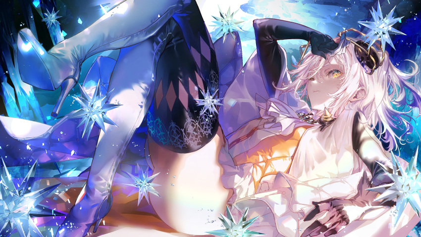 1girl alchemy_stars ascot bangs black_gloves boots carleen_(alchemy_stars) closed_mouth elbow_gloves gloves hair_ornament high_heels highres hitaki_yuu looking_at_viewer lying on_back one_eye_closed solo thigh-highs thigh_boots thighs white_hair white_neckwear yellow_eyes