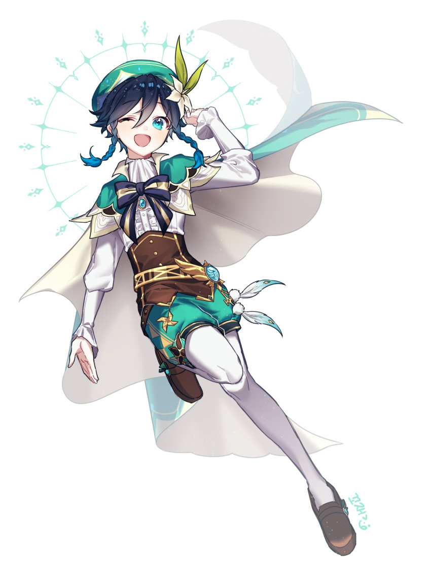 1boy androgynous artist_name bangs beret black_hair blue_hair bow braid brooch cape collared_cape collared_shirt commentary_request corset eyebrows_visible_through_hair feathers flower frilled_sleeves frills full_body gem genshin_impact gradient_hair green_eyes green_headwear green_shorts hair_flower hair_ornament hat highres jewelry kkojae3 korean_commentary leaf long_sleeves looking_at_viewer male_focus multicolored_hair one_eye_closed open_mouth pantyhose pinwheel shirt short_hair_with_long_locks shorts sidelocks simple_background smile solo twin_braids venti_(genshin_impact) vision_(genshin_impact) white_background white_flower white_legwear white_shirt