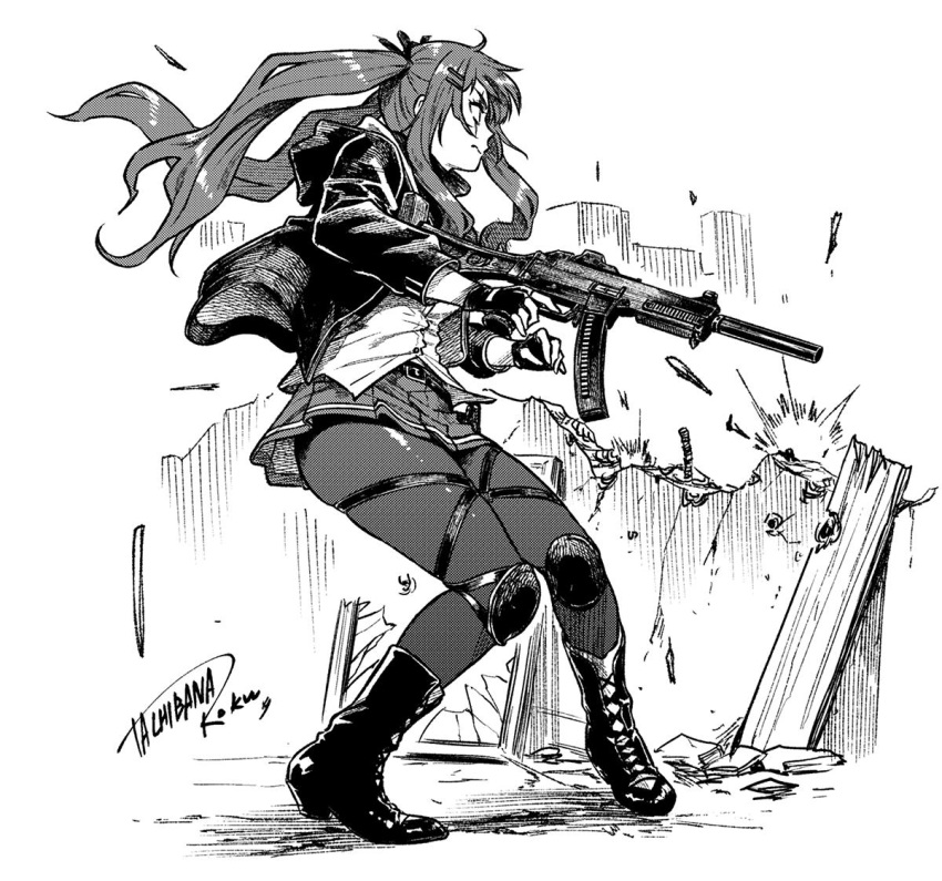 1girl assault_rifle boots closed_mouth fingerless_gloves floating_hair girls_frontline gloves greyscale gun h&amp;k_ump9 hair_ornament hairclip high_heel_boots high_heels holding holding_gun holding_weapon jacket miniskirt monochrome open_clothes open_jacket pantyhose pigeon-toed pleated_skirt rifle shirt signature skirt solo standing tachibana_roku twintails ump9_(girls_frontline) weapon