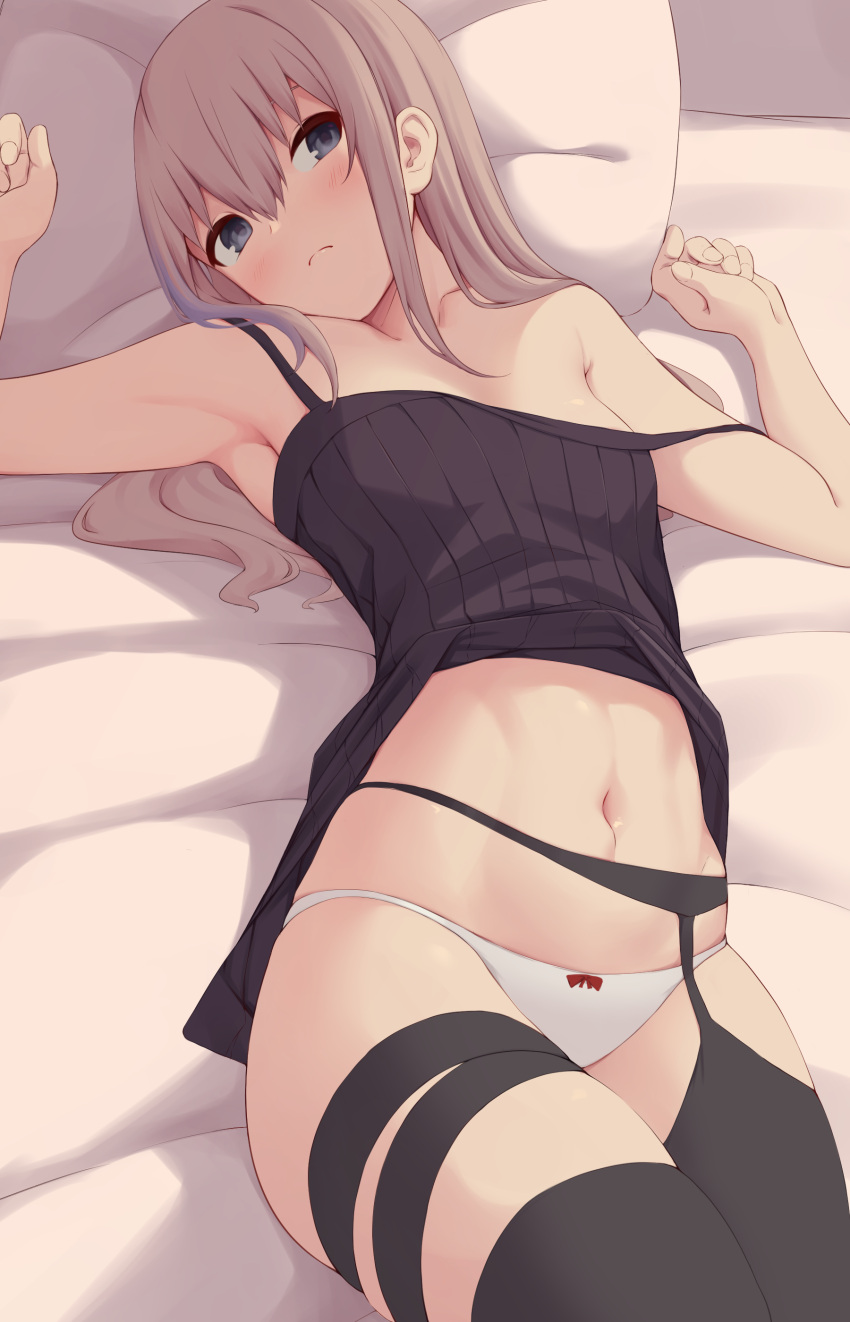 1girl absurdres act_(xadachit) armpits arms_up bangs bare_arms bare_shoulders bed bed_sheet black_legwear blue_eyes bow bow_panties breasts camisole clenched_hands collarbone commentary garter_belt garter_straps girls_frontline hair_over_shoulder head_tilt highres legs_together long_hair looking_at_viewer lying midriff multicolored_hair navel off_shoulder on_back on_bed panties pillow pink_hair purple_hair sidelocks small_breasts solo st_ar-15_(girls_frontline) streaked_hair thigh-highs thigh_strap underwear white_panties