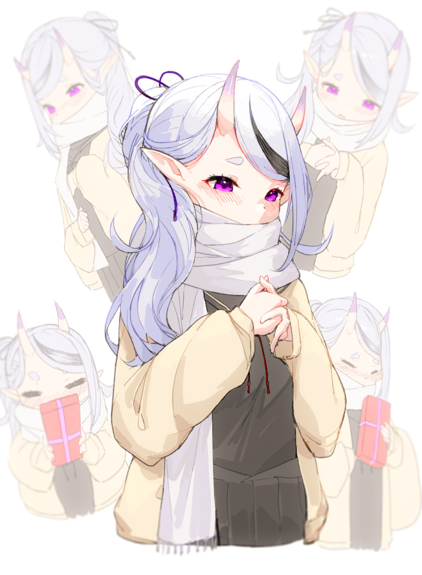 1girl black_hair black_serafuku blush box closed_eyes dingding_tu embarrassed gift gift_box hair_ribbon highres holding holding_gift horns jacket light_purple_hair long_hair multicolored_hair multiple_views nijisanji oni oni_horns open_clothes open_jacket open_mouth own_hands_together pointy_ears ponytail purple_ribbon red_neckwear ribbon rindou_mikoto sailor_collar scarf scarf_over_mouth school_uniform serafuku short_eyebrows skin-covered_horns streaked_hair thick_eyebrows upper_body violet_eyes virtual_youtuber