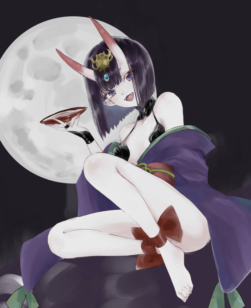 1girl absurdres alcohol ankle_ribbon asa_(1asa-0-asa1) bangs bare_shoulders barefoot bob_cut breasts bridal_gauntlets collarbone cup eyeliner fangs fate/grand_order fate_(series) full_moon headpiece highres horns japanese_clothes kimono legs long_sleeves looking_at_viewer makeup moon night night_sky oni oni_horns open_mouth purple_hair purple_kimono revealing_clothes ribbon sakazuki sake short_hair shuten_douji_(fate) skin-covered_horns sky small_breasts smile solo violet_eyes wide_sleeves