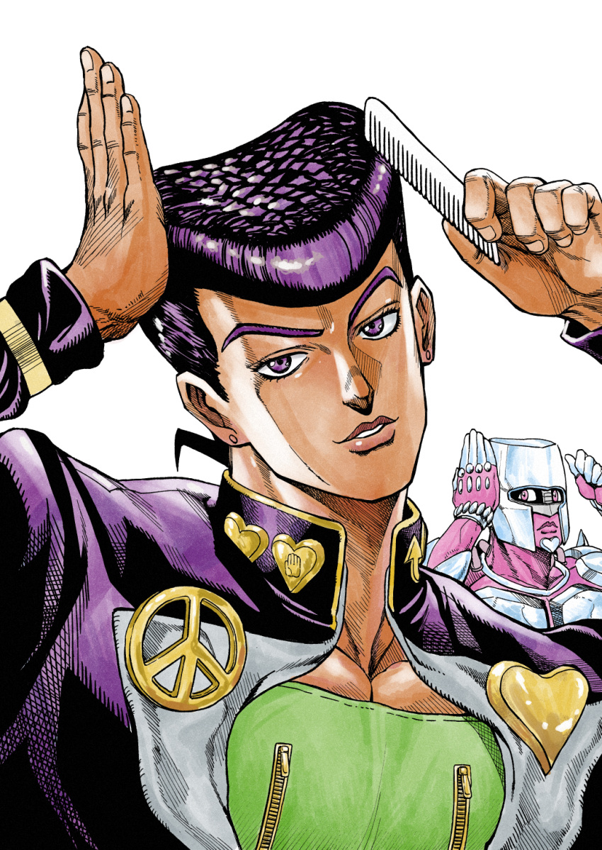 1boy comb combing crazy_diamond earrings higashikata_josuke highres holding holding_comb jacket jewelry jojo_no_kimyou_na_bouken looking_at_viewer male_focus peace_symbol purple_hair purple_jacket sanpaku simple_background smile stand_(jojo) stud_earrings upper_body violet_eyes white_background y_naf