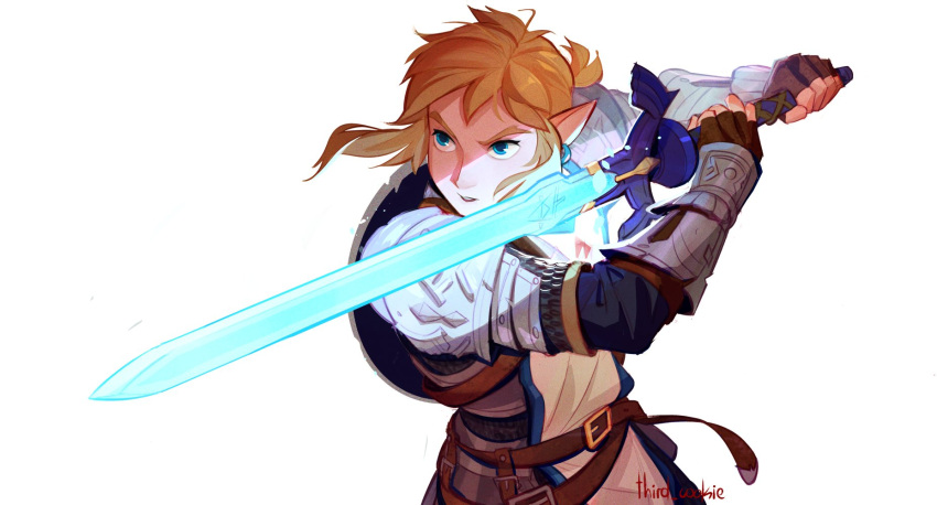 1boy armor bangs belt blonde_hair blue_eyes brown_belt brown_gloves commentary earrings eyelashes fighting_stance fingerless_gloves gloves glowing glowing_sword glowing_weapon hands_up highres holding holding_sword holding_weapon jewelry link male_focus master_sword parted_lips pointy_ears short_hair shoulder_armor solo sword the_legend_of_zelda third_cookie weapon white_background