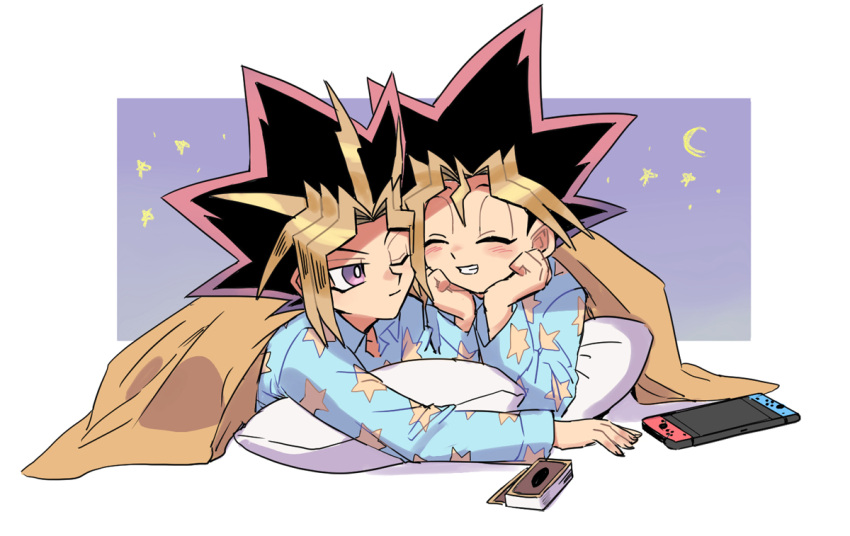 2boys black_hair blonde_hair blush bright_pupils card closed_eyes closed_mouth grin head_rest long_sleeves lying male_focus multicolored_hair multiple_boys mutou_yuugi nintendo_switch on_stomach one_eye_closed pajamas pillow shi_(shooo_ttt) smile spiky_hair symbol-only_commentary teeth under_covers violet_eyes white_pupils yami_yuugi yu-gi-oh! yu-gi-oh!_duel_monsters