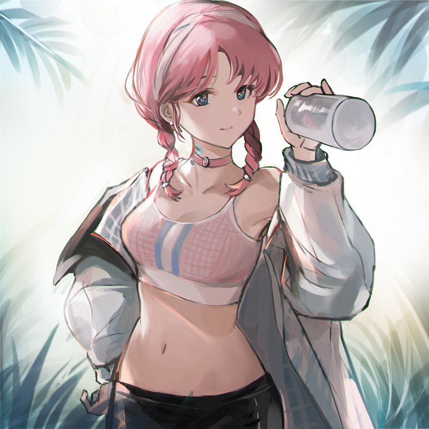 1girl arknights black_pants blue_eyes blue_poison_(shoal_beat)_(arknights) bottle braid breasts chinese_commentary choker closed_mouth collarbone commentary_request hairband hand_up highres holding holding_bottle jacket light_smile long_sleeves medium_breasts medium_hair midriff navel off_shoulder official_alternate_costume open_clothes open_jacket orlijiang palm_leaf pants pink_choker pink_hair pink_sports_bra solo sports_bra stomach twin_braids upper_body water_bottle white_background white_hairband white_jacket white_sports_bra