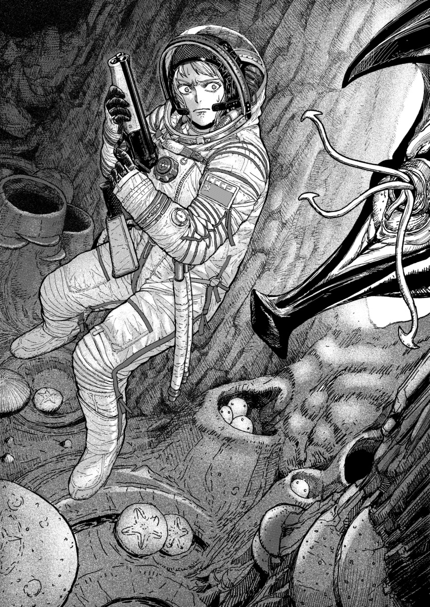 1girl alien astronaut closed_mouth commentary english_commentary finger_on_trigger greyscale gun highres holding holding_gun holding_weapon making-of_available monochrome monster original sawed-off_shotgun shotgun space_helmet standing tp-82 weapon wide-eyed y_naf