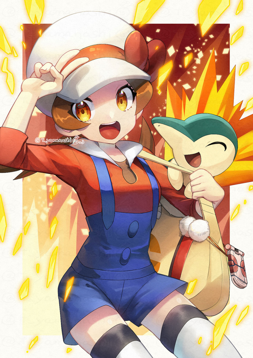 1girl :d blue_overalls bow brown_eyes brown_hair cabbie_hat commentary_request cyndaquil gen_2_pokemon hat hat_bow highres long_hair lyra_(pokemon) open_mouth pokegear pokemon pokemon_(creature) pokemon_(game) pokemon_hgss red_bow red_shirt shirt smile thigh-highs tongue twintails upper_teeth v white_headwear white_legwear yamanashi_taiki yellow_bag