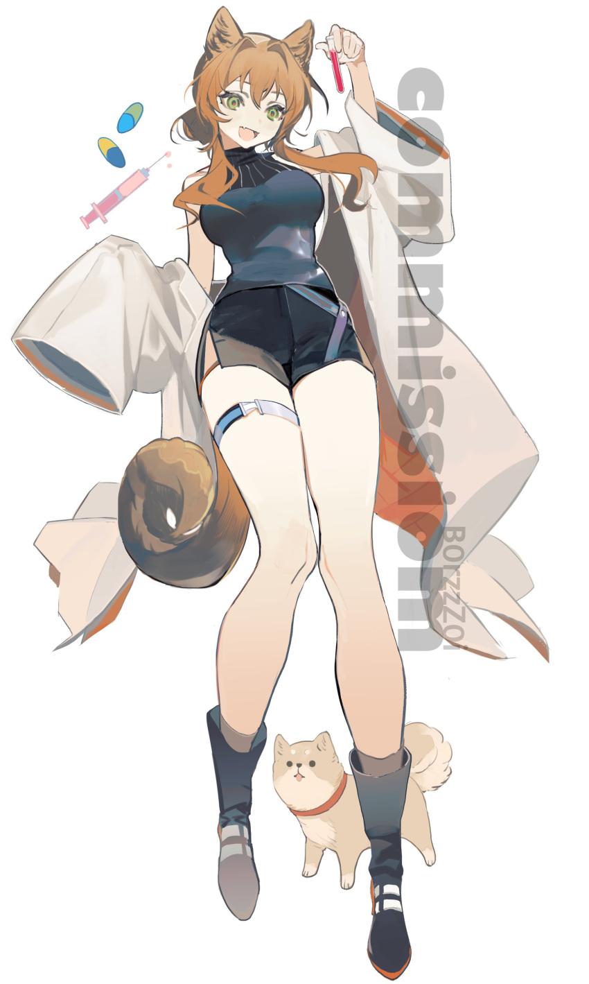 1girl absurdres animal animal_ear_fluff animal_ears artist_name b0rzzz0i blush boots character_request coat commission doctor dog dog_ears dog_tail fang green_eyes happy highres holding looking_at_viewer orange_hair original pill short_hair shorts simple_background sleeves_past_wrists smile solo standing tail twintails white_background