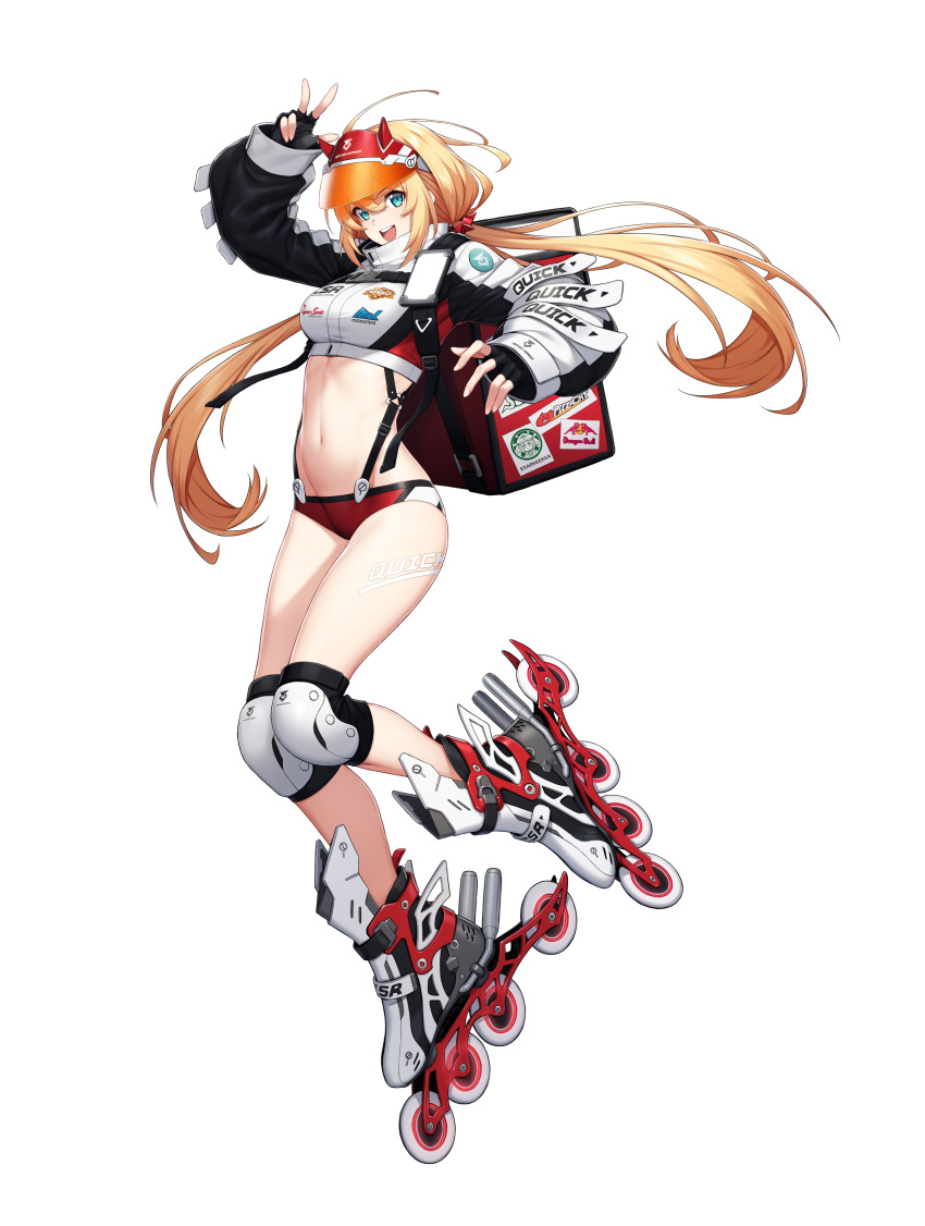 1girl :d absurdres arm_up black_gloves black_jacket blonde_hair blue_eyes breasts buruma counter_side crop_top cropped_jacket fingerless_gloves floating_hair full_body gloves high_collar highres inline_skates jacket knee_pads lara_jaeger long_hair long_sleeves looking_at_viewer low_twintails medium_breasts midriff navel official_art open_mouth puffy_sleeves red_buruma revealing_clothes roller_skates shirt shoes skates smile solo stomach strap thigh_tattoo thighs transparent_background twintails very_long_hair visor_cap w white_shirt