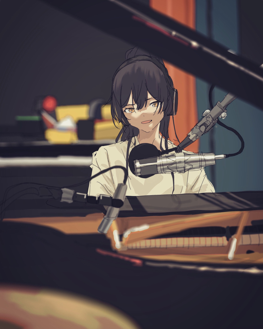1girl absurdres black_hair blurry blurry_background blurry_foreground depth_of_field grand_piano headphones highres idolmaster idolmaster_shiny_colors indoors instrument looking_away microphone music nagi-1945 piano playing_instrument ponytail pop_filter recording recording_studio shirase_sakuya shirt singing solo upper_body white_shirt