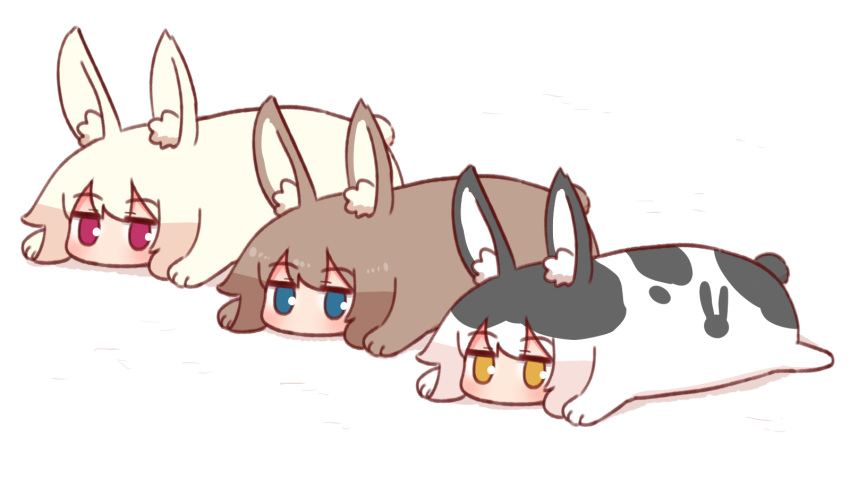 3others animal_ear_fluff animal_ears bangs black_hair blonde_hair blue_eyes blush brown_hair eyebrows_visible_through_hair hair_between_eyes highres jitome lying multicolored_hair multiple_others naga_u no_mouth on_stomach original rabbit_ears rabbit_girl rabbit_tail red_eyes sidelocks simple_background tail white_background white_hair yellow_eyes