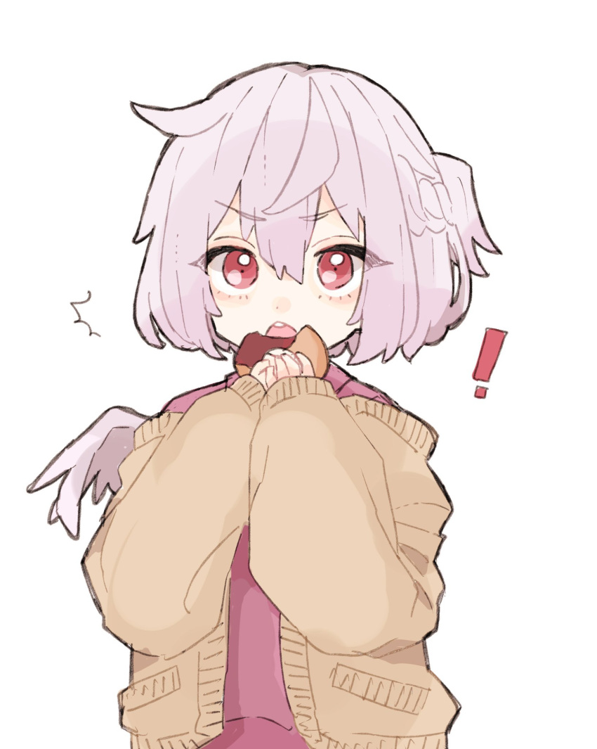 ! 1girl ^^^ aji_(pokedegi) brown_sweater commentary_request doughnut feathered_wings food grey_hair grey_wings hands_up highres holding holding_food kishin_sagume looking_at_viewer open_mouth purple_shirt red_eyes shirt short_hair simple_background single_wing sleeves_past_wrists solo sweater touhou upper_body upper_teeth white_background wings
