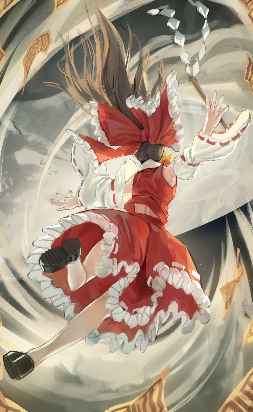 1girl absurdres amulet arms_up ascot back black_footwear bow brown_hair detached_sleeves flying goback gohei hakurei_reimu hands_up highres huge_filesize long_hair long_sleeves night night_sky red_bow red_shirt red_skirt shirt shoes skirt sky solo star_(sky) starry_sky touhou white_sleeves wide_sleeves yellow_neckwear
