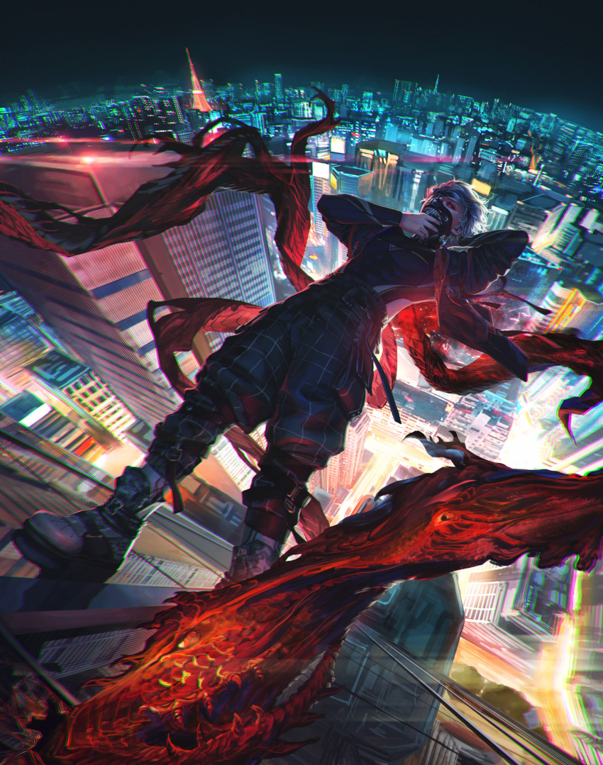 1boy absurdres alternate_costume alternate_hairstyle black_jacket black_nails black_pants building cargo_pants city city_lights cityscape eyepatch hand_on_own_chin highres jacket kaneki_ken long_sleeves mask nail_polish namako_mikan night open_clothes open_jacket outdoors pants red_eyes reflection short_hair skyscraper solo standing tokyo_ghoul white_hair