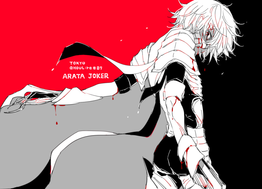 1boy armor ass awara_kayu bangs black_background blood blood_on_arm commentary_request copyright_name floating_scarf from_side grey_background hair_ornament hairclip looking_at_viewer male_focus mask messy_hair mouth_mask pants red_background short_hair solo suzuya_juuzou tokyo_ghoul tokyo_ghoul:re x_hair_ornament
