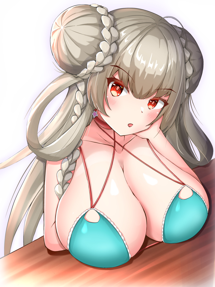 1girl absurdres aqua_bikini azur_lane bikini braid braided_bun breast_rest breasts breasts_on_table choker criss-cross_halter double_bun eyebrows_visible_through_hair formidable_(azur_lane) formidable_(the_lady_of_the_beach)_(azur_lane) halterneck highres huge_breasts long_hair looking_at_viewer multi-strapped_bikini official_alternate_costume pink_choker platinum_blonde_hair red_eyes sabato7144 simple_background solo swimsuit upper_body very_long_hair white_background