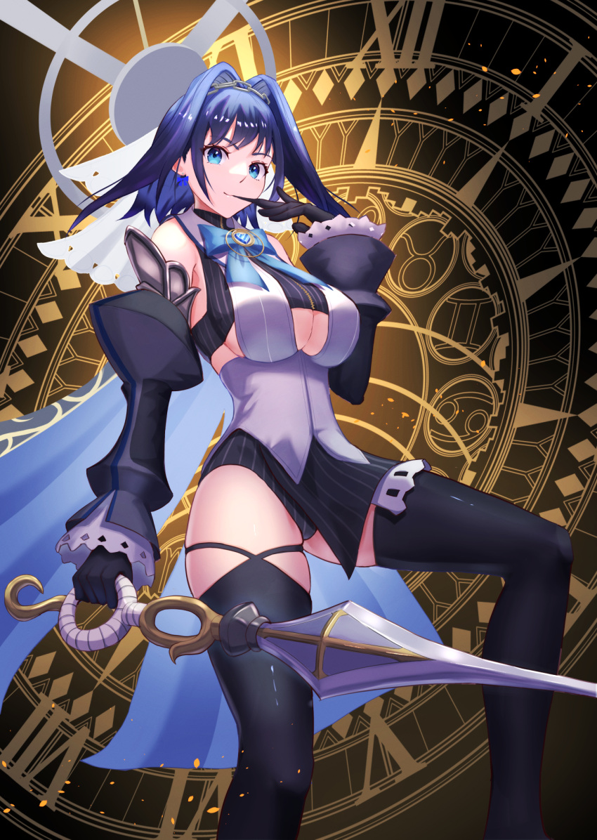 1girl asymmetrical_legwear bangs biting black_gloves black_legwear blue_eyes blue_hair boku_no_edamame breasts chain clock detached_collar detached_sleeves english_commentary feet_out_of_frame glove_biting gloves hair_intakes hairband halo hand_up highres holding holding_sword holding_weapon hololive hololive_english knee_up large_breasts leotard mouth_hold neck_ribbon ouro_kronii ribbon short_hair skindentation solo sword thigh-highs thighs under_boob virtual_youtuber weapon