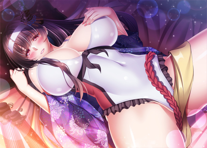 1girl bangs bed_sheet black_hair blush breasts cable commentary_request covered_navel fusou_(kancolle) hair_ornament hairband highres japanese_clothes kantai_collection kimono large_breasts lens_flare long_hair looking_at_viewer lying nail_polish on_back one-piece_swimsuit parted_lips pillow print_kimono purple_kimono red_eyes smile solo spread_legs swimsuit thighs white_swimsuit wide_sleeves yuuzuki_hijiri