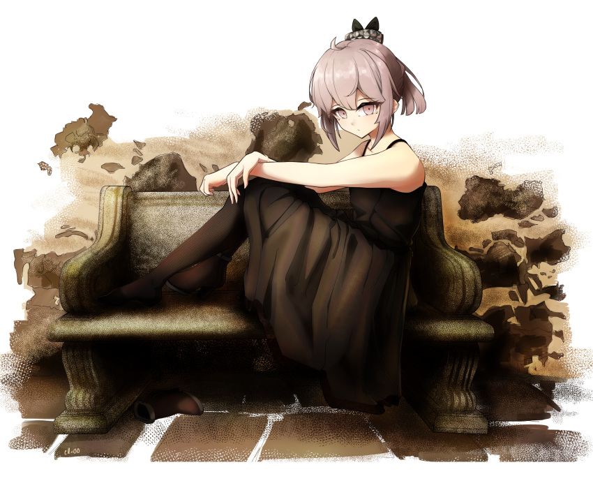 1girl bare_shoulders bench blush closed_mouth collarbone crr001 dress expressionless girls_frontline grey_eyes hand_on_legs highres looking_at_viewer m200_(girls_frontline) official_alternate_costume pantyhose ponytail short_hair silver_hair simple_background sitting solo tied_hair