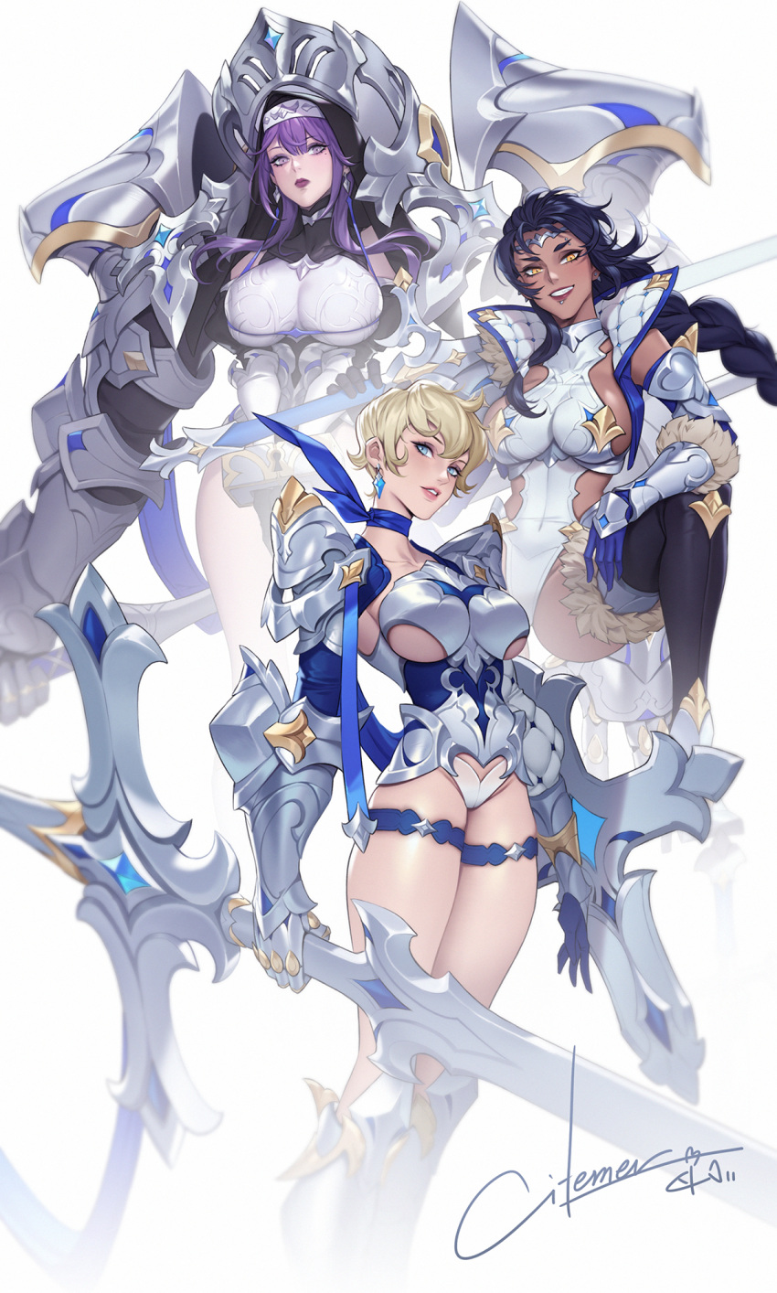 3girls armor armored_boots armored_leotard artist_name bikini_armor black_gloves black_hair blonde_hair blue_eyes blue_gloves blue_neckwear blush boots braid breasts brown_eyes citemer closed_mouth earrings gauntlets gloves grey_background hand_on_leg highres holding holding_sword holding_weapon jewelry knight large_breasts lipstick long_hair looking_at_viewer makeup mole mole_under_eye multiple_girls necktie original pauldrons purple_hair shield short_hair shoulder_armor signature smile smirk standing sword thigh_strap under_boob violet_eyes weapon white_background