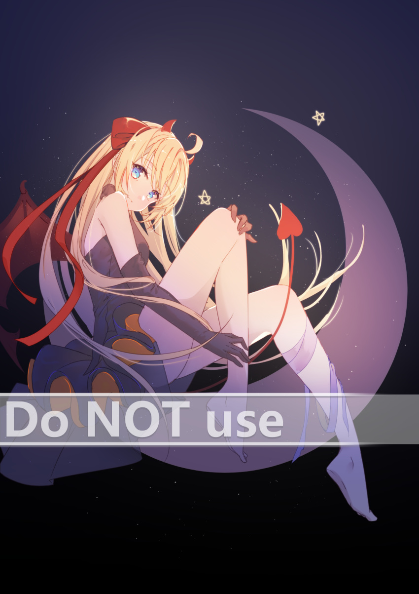 1girl ahoge bangs bare_shoulders barefoot black_dress black_gloves blonde_hair blue_eyes blush bow closed_mouth commentary_request crescent_moon demon_girl demon_horns demon_tail demon_wings dress elbow_gloves english_text eyebrows_visible_through_hair gloves hair_bow highres horns knee_up long_hair mo_(pixiv9929995) moon original pleated_dress red_bow red_wings sleeveless sleeveless_dress solo star_(symbol) tail very_long_hair watermark wings
