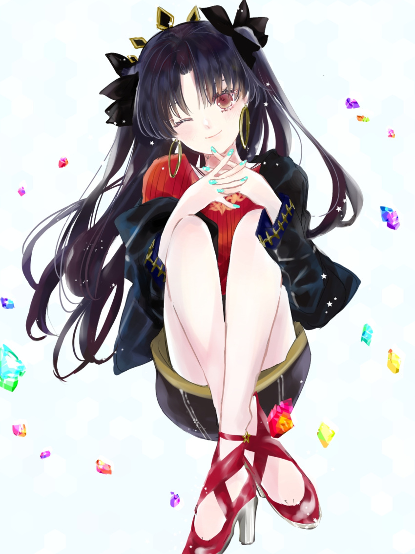 1girl asa_(1asa-0-asa1) bangs black_hair black_jacket black_skirt blush breasts closed_mouth earrings fate/grand_order fate_(series) gem hair_ribbon high_heels highres hoop_earrings ishtar_(fate) ishtar_(fate)_(all) jacket jewelry knees_up long_hair long_sleeves looking_at_viewer medium_breasts one_eye_closed open_clothes open_jacket parted_bangs red_eyes red_footwear red_shirt ribbon shirt skirt smile solo tiara two_side_up under_the_same_sky