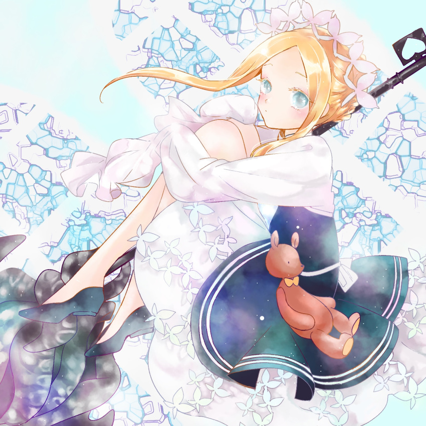 1girl abigail_williams_(fate) alternate_costume asa_(1asa-0-asa1) bangs black_footwear black_skirt blonde_hair blue_eyes blush braid breasts dress enmaided fate/grand_order fate_(series) forehead french_braid heroic_spirit_festival_outfit highres hugging_own_legs keyhole knees_up layered_skirt long_hair looking_at_viewer maid maid_headdress mop parted_bangs sash sidelocks skirt sleeves_past_fingers sleeves_past_wrists small_breasts stuffed_animal stuffed_toy teddy_bear very_long_hair white_bloomers white_dress