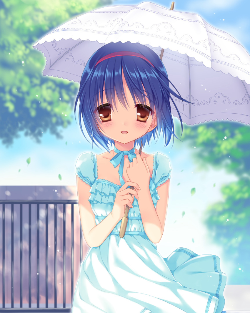 1girl alternate_costume blue_dress blue_hair blue_sky blurry brown_eyes clouds commentary_request cowboy_shot day depth_of_field dress gate hairband highres holding holding_umbrella little_busters!! looking_at_viewer nishizono_mio outdoors parasol red_hairband sakura_neko shade short_hair sky smile solo standing sundress tree umbrella
