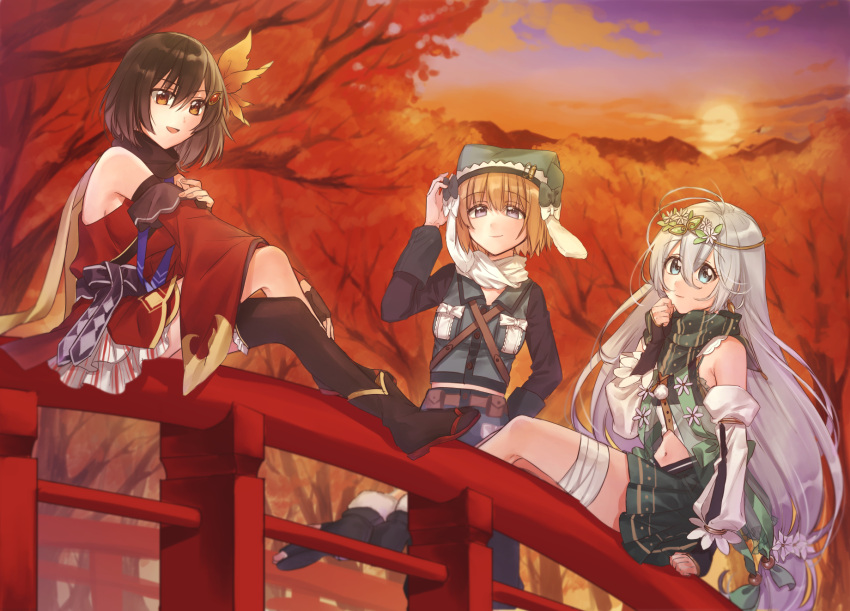 3girls aoba_chika autumn_leaves bandaged_leg bandages bare_shoulders black_hair blue_eyes bridge detached_sleeves dress flower hair_flower hair_ornament highres long_hair long_sleeves magia_record:_mahou_shoujo_madoka_magica_gaiden magical_girl mahou_shoujo_madoka_magica midriff_peek military military_uniform miura_asahi mountain multiple_girls natsu_ryoko orange_hair red_eyes red_theme scarf short_hair smile soul_gem sunset tree uniform violet_eyes white_hair yukishiro_(hitsuji)