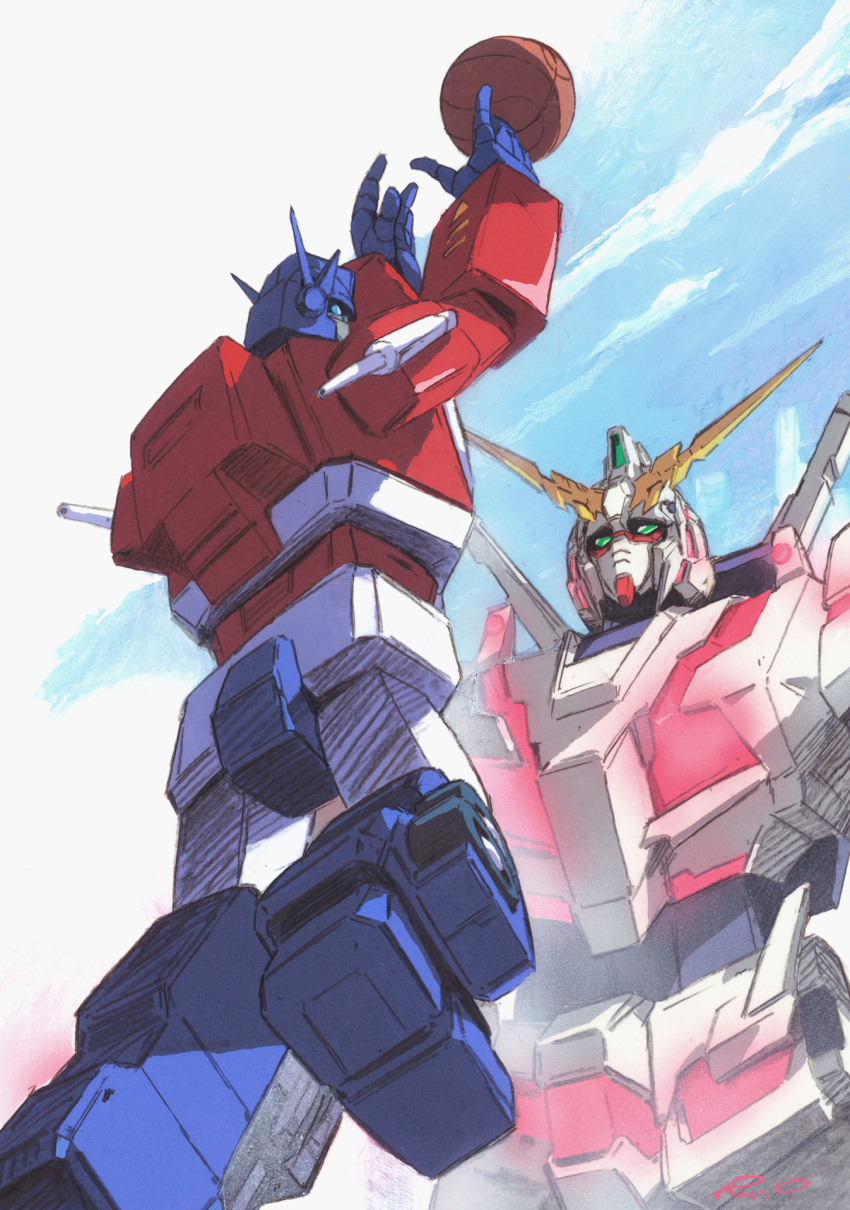 autobot basketball blue_eyes crossover green_eyes grey_background gundam gundam_unicorn highres marble-v mecha mobile_suit no_humans nt-d open_hands optimus_prime science_fiction sky transformers unicorn_gundam v-fin