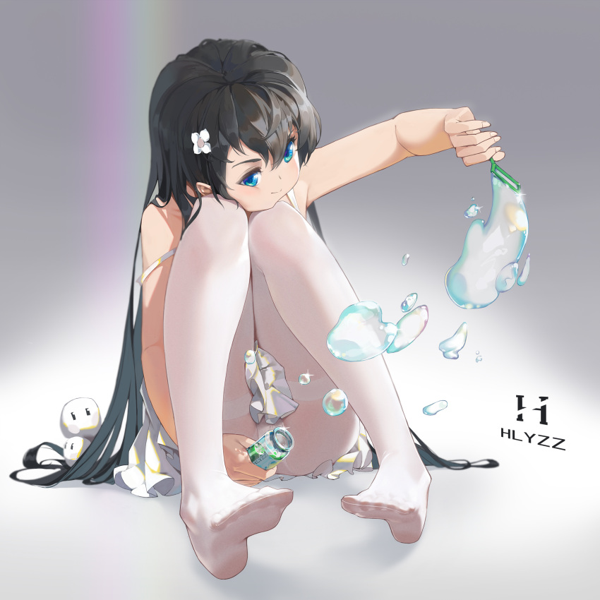1girl absurdres artist_name bangs black_hair blue_eyes bottle bubble bubble_wand closed_mouth commentary english_commentary feet flower full_body gradient gradient_background hair_flower hair_ornament highres hlyzz holding holding_bottle knees_up looking_at_viewer no_shoes original panties panties_under_pantyhose pantyhose simple_background sitting skirt solo thighband_pantyhose underwear white_flower white_legwear white_panties white_skirt