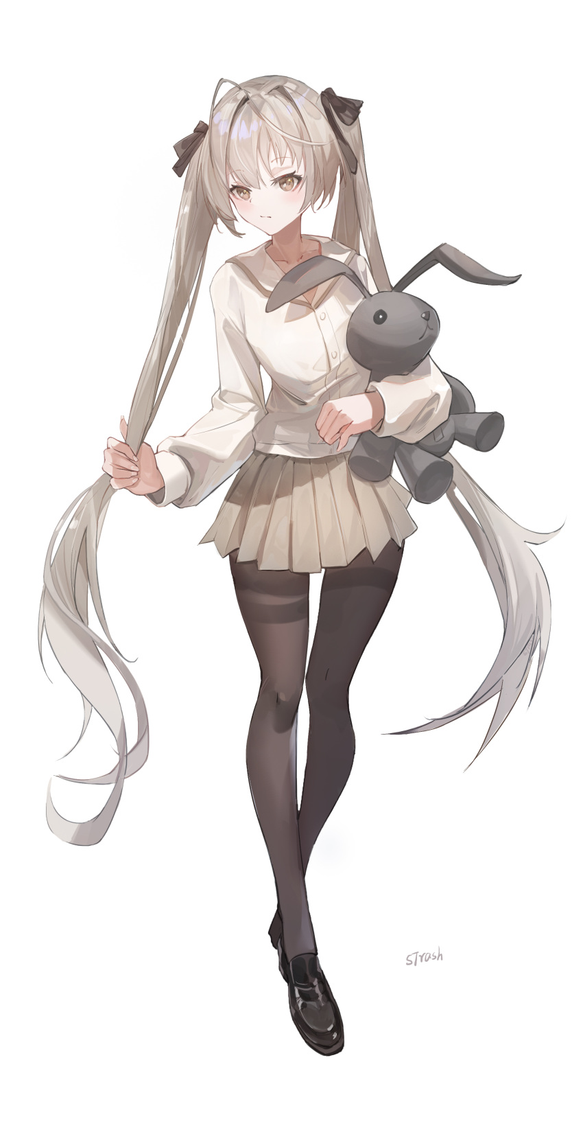 1girl absurdres bangs black_footwear black_legwear black_ribbon blush brown_eyes brown_skirt closed_mouth commentary dated_commentary eyebrows_visible_through_hair full_body hair_ribbon highres holding holding_stuffed_toy kasugano_sora loafers long_hair long_sleeves looking_at_viewer miniskirt pantyhose platinum_blonde_hair pleated_skirt puffy_long_sleeves puffy_sleeves ribbon sailor_collar shirt shoes signature simple_background skirt solo standing strash stuffed_animal stuffed_bunny stuffed_toy twintails very_long_hair white_background white_sailor_collar white_shirt yosuga_no_sora