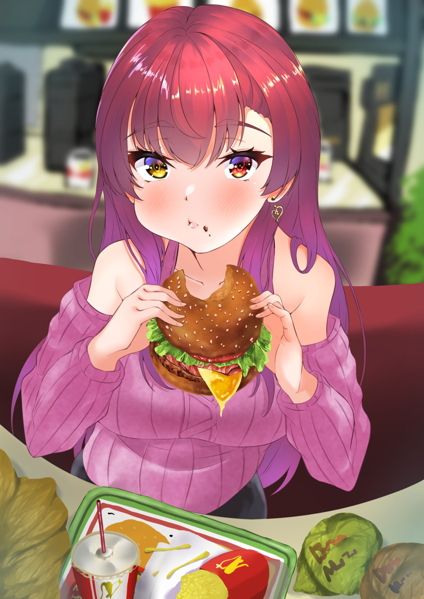1girl absurdres alternate_costume bangs bare_shoulders blurry blurry_background blush booth breasts burger closed_mouth cup disposable_cup earrings eating eyebrows_visible_through_hair fast_food food food_focus food_in_mouth food_on_face french_fries heart heart_earrings heterochromia highres holding holding_food hololive houshou_marine jewelry long_hair looking_at_viewer pink_sweater pov pov_across_table red_eyes redhead restaurant sitting solo straight_hair sweater table tray very_long_hair virtual_youtuber yellow_eyes zyunsei777